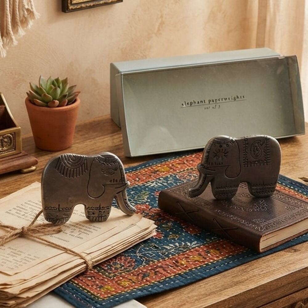 NOS Pier 1 Imports Metal Elephant Paperweights Set of 2 India Boho Desk Decor